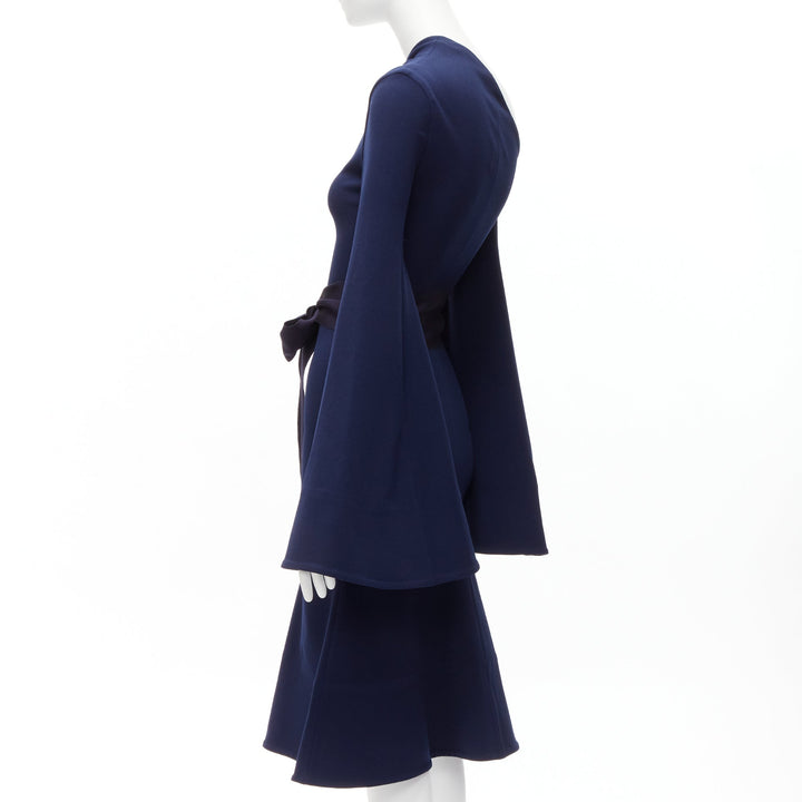 SOLACE LONDON Haso navy blue asymmetric stretch crepe bell sleeves dress UK4 XXS