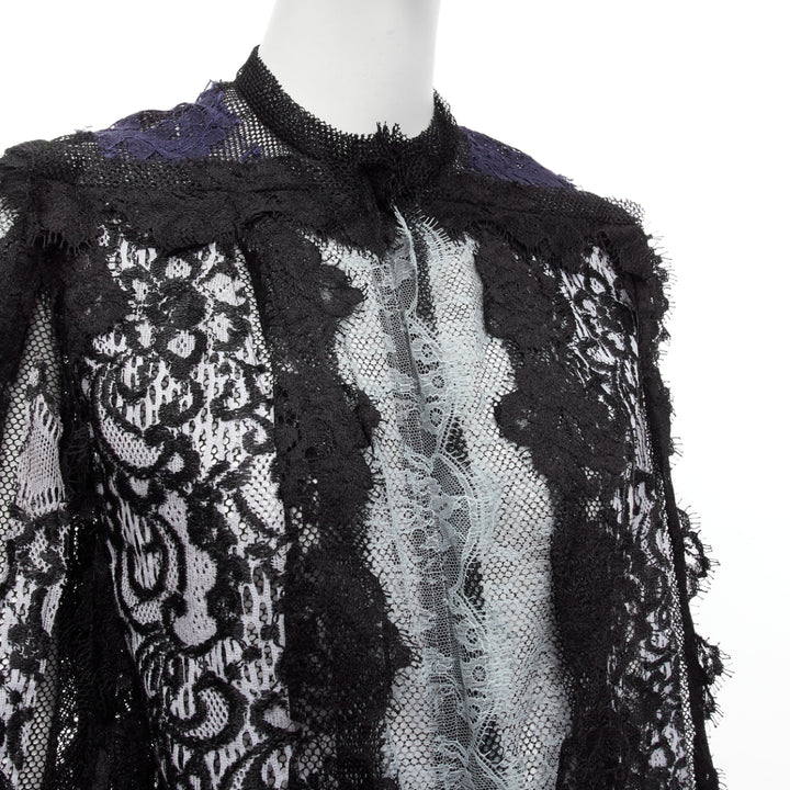 LANVIN blue black intricate lace panels sheer long sleeve jacket FR34 XS