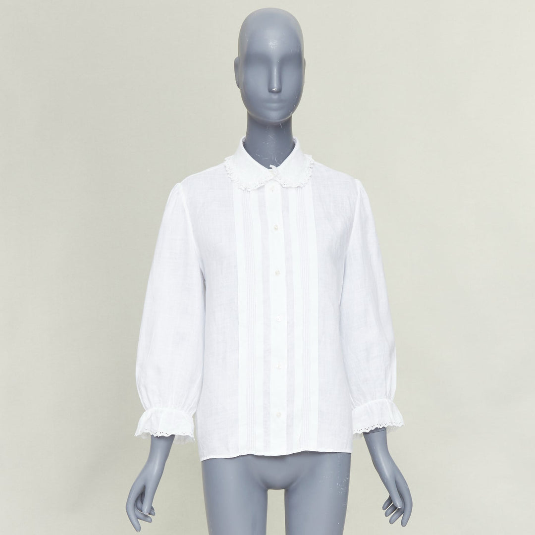 CELINE white linen ramie eyelet ruffled collar embroidered pleated shirt FR36 S