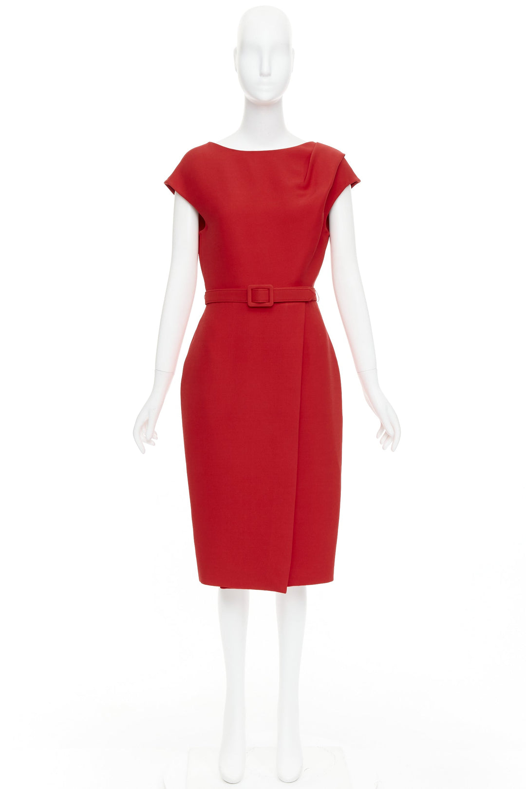 OSCAR DE LA RENTA R19 red wool silk cap sleeve belted sheath dress US8 L