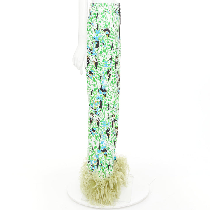MIU MIU 2018 Runway green multi giraffe print feather hem flared pants IT40 S