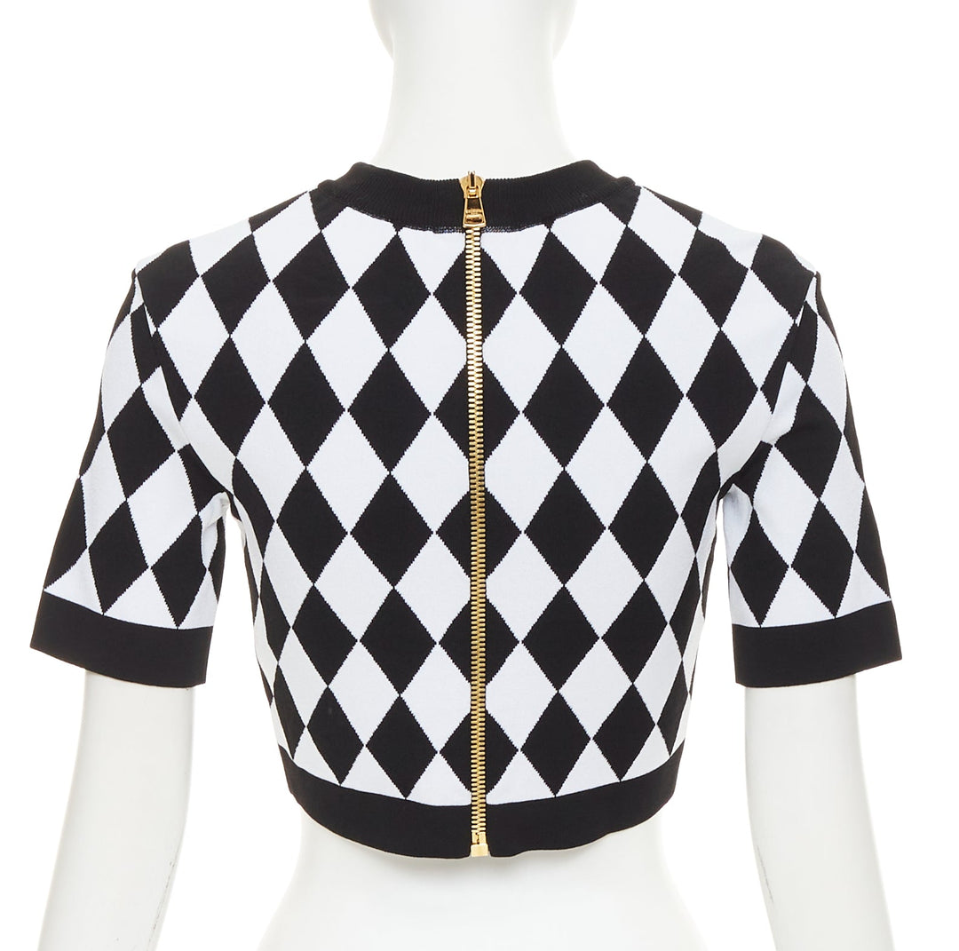 BALMAIN 2022 Harlequin black white diamond check gold lion buttons crop top FR36