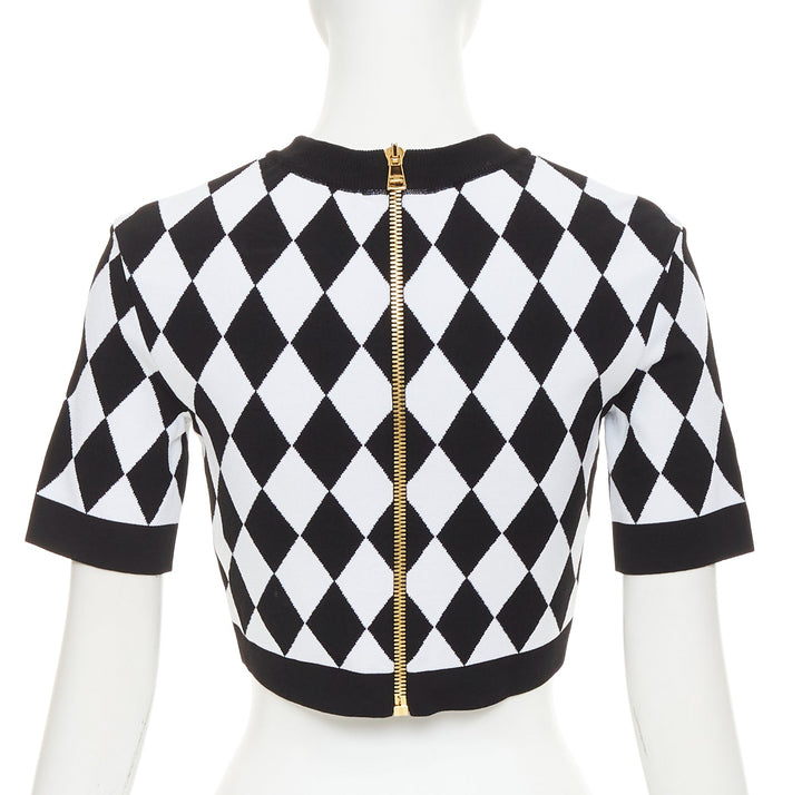 BALMAIN 2022 Harlequin black white diamond check gold lion buttons crop top FR36