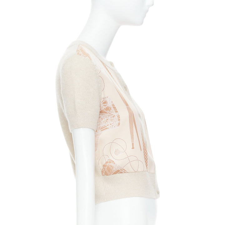 HERMES beige nude cashmere blend graphic silk crop cardigan FR38 M