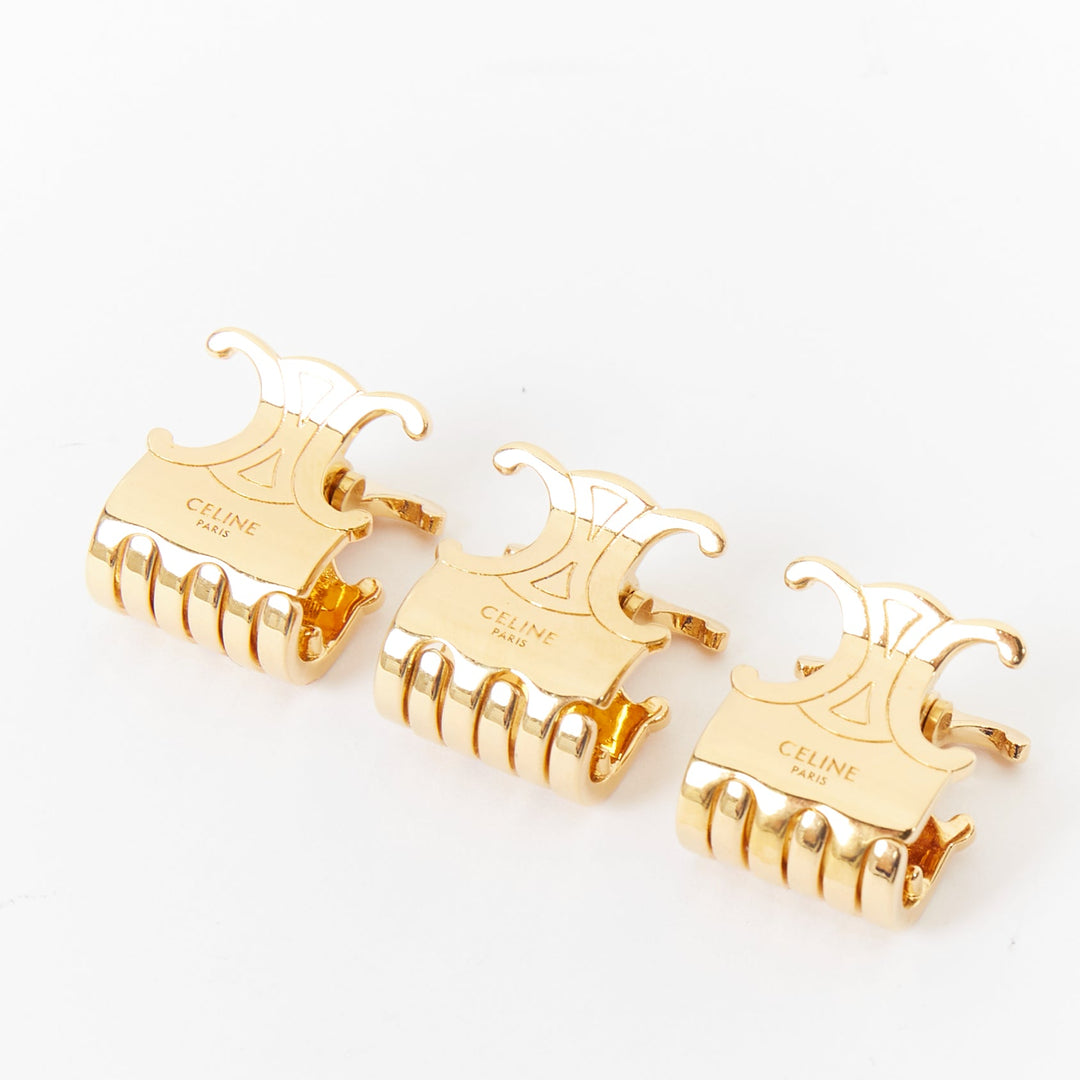CELINE Triomphe Trios gold tone metal logo insignia hair claws clips Set of 3