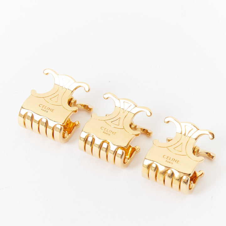CELINE Triomphe Trios gold tone metal logo insignia hair claws clips Set of 3
