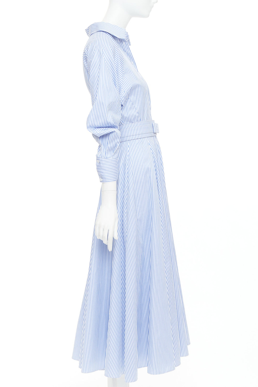 BRANDON MAXWELL blue white striped cotton twill belted midi shirt dress US0 XS