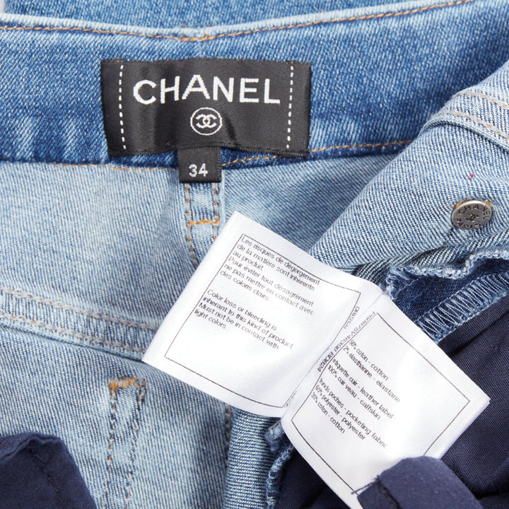 CHANEL 2019 blue cotton chain print side skinny stretch denim crop jeans FR34 XS