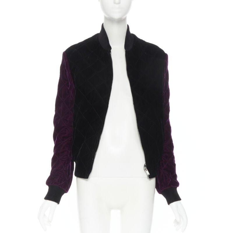 SAINT LAURENT 2018 Teddy black purple diamond quilted bomber jacket EU44 XS