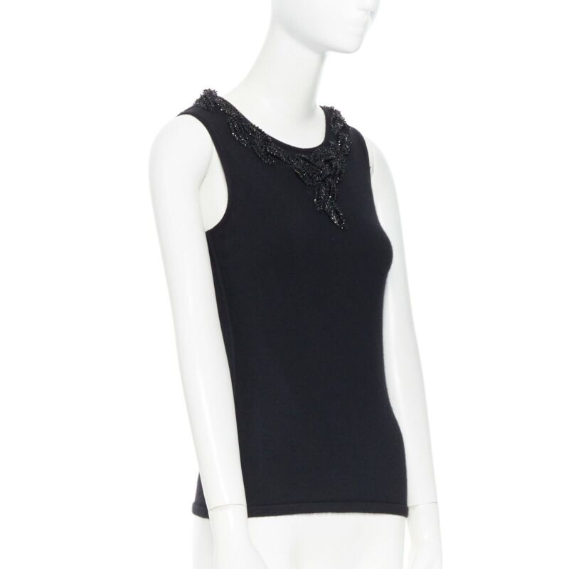 OSCAR DE LA RENTA black cashmere sequin bead leaf embroider applique vest top XS