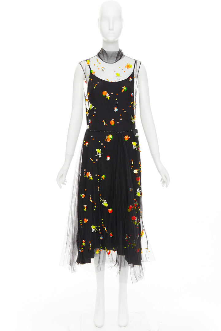 rare PRADA 2018 Runway Abito neon orange black tulle sporty logo dress IT42 M