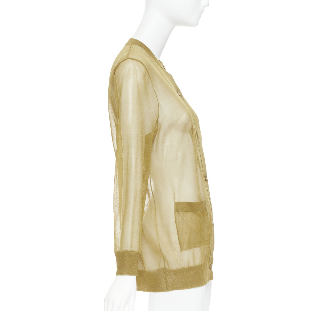 SAINT LAURENT 2024 100% silk  beige gold sheer crew neck cardigan top L