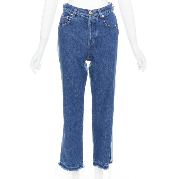 LOEWE blue washed frayed edge mismatch patchwork cropped jeans FR34 XS