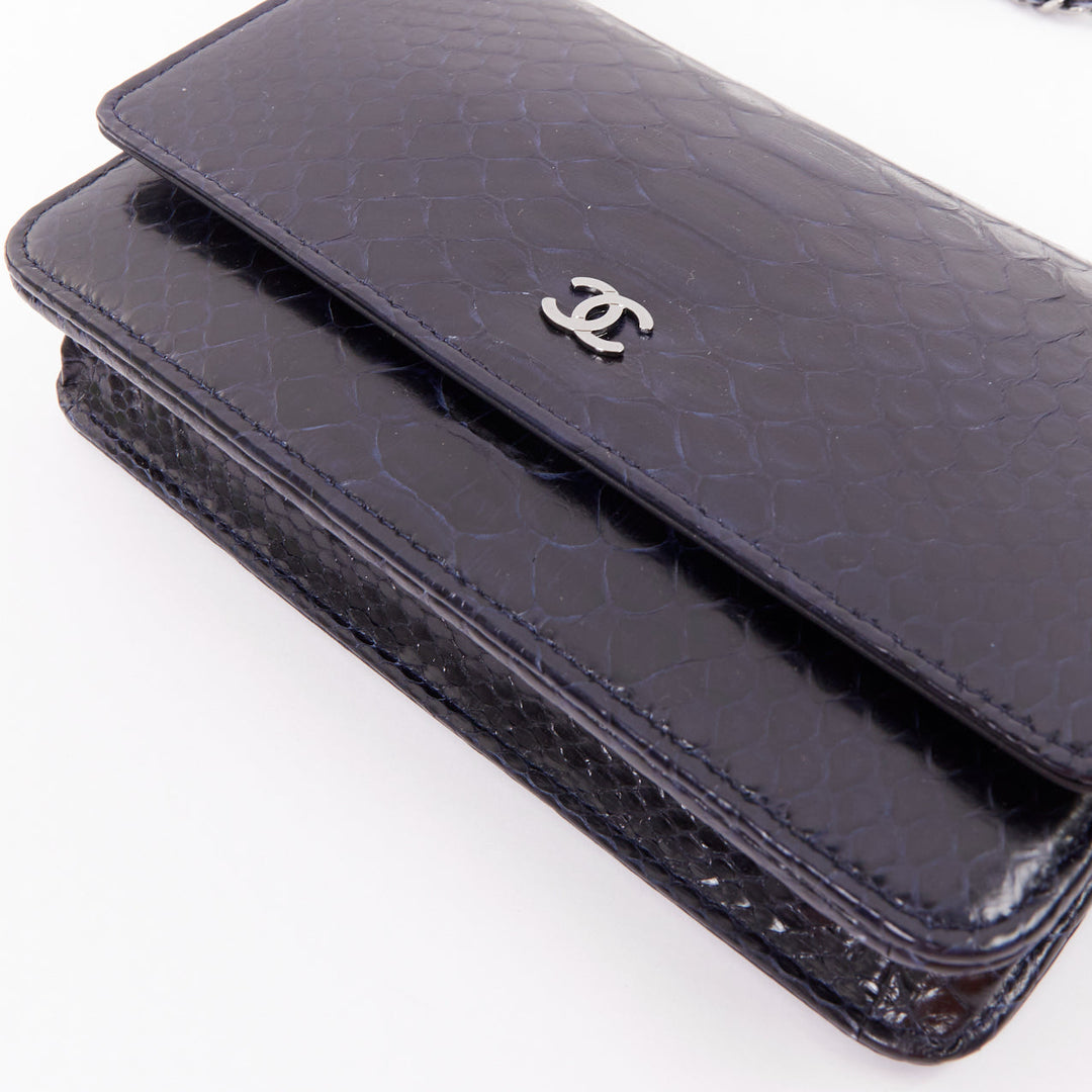 CHANEL Timeless Classic Flap Wallet on Chain navy scaled leather crossbody bag