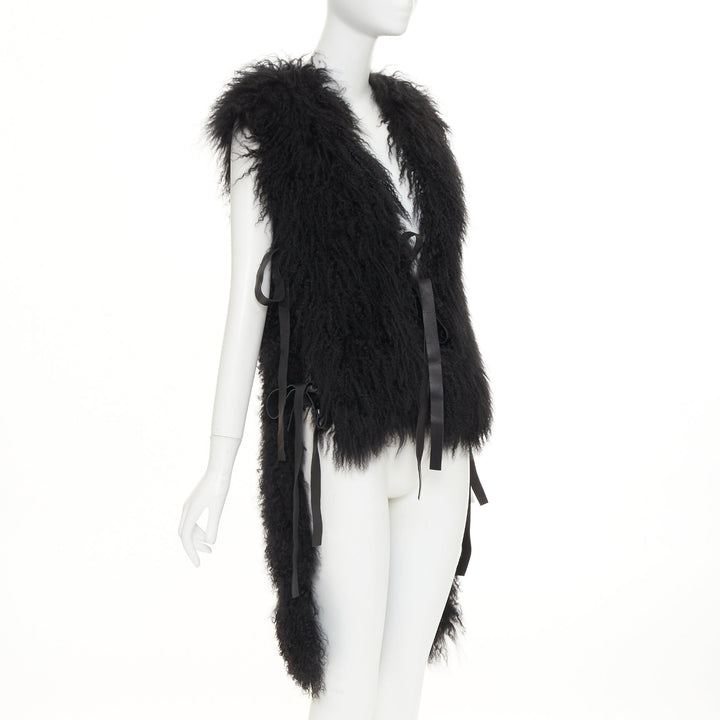 GIVENCHY black Mongolia shearling fur leather ribbon high low vest coat IT36 XXS