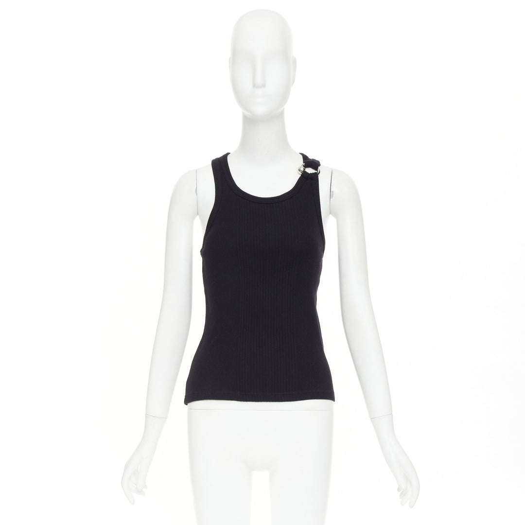 JEAN PAUL GAULTIER The Piercing black gold silver ring detail ribbed tank top S