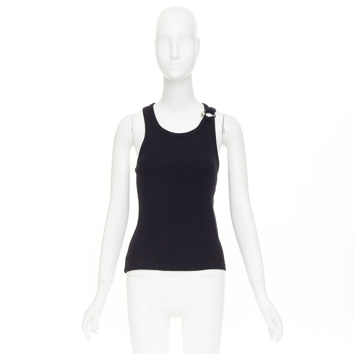 JEAN PAUL GAULTIER The Piercing black gold silver ring detail ribbed tank top S