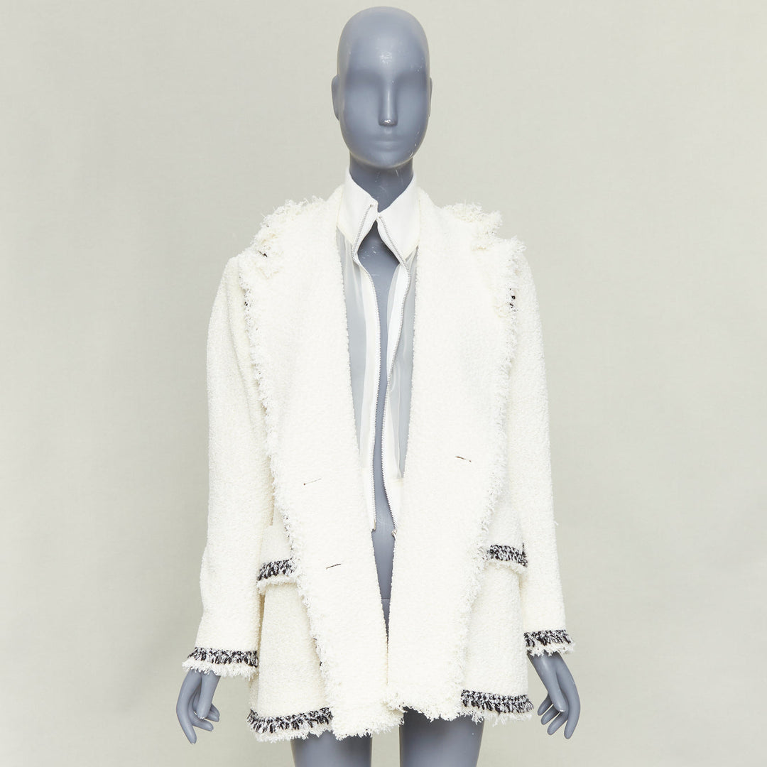 SACAI 2023 Runway double breasted tweed fringed off white winter outerwear JP1 S