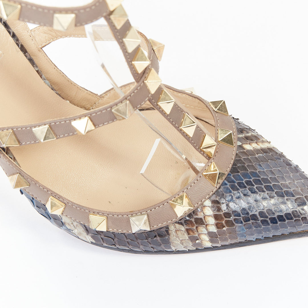 VALENTINO Rockstud python leather beige cage ankle strap stiletto pumps EU37
