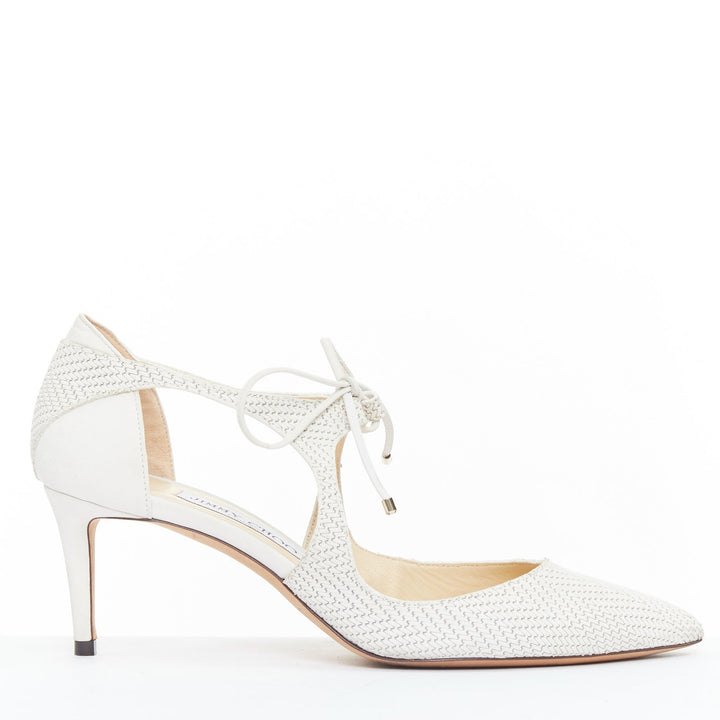 JIMMY CHOO Vanessa white textured suede leather tie bridal pump EU38.5