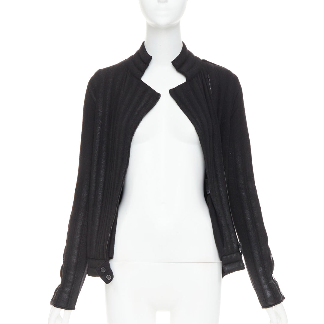 CHANEL 100% wool black metallic coated CC logo tubular pad biker jacket FR34 XS