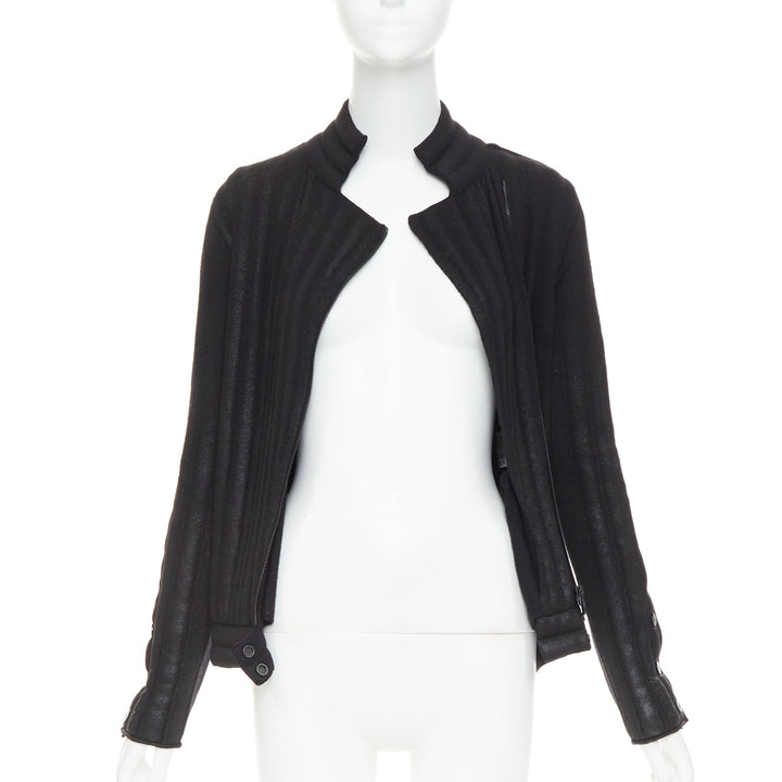 CHANEL 100% wool black metallic coated CC logo tubular pad biker jacket FR34 XS