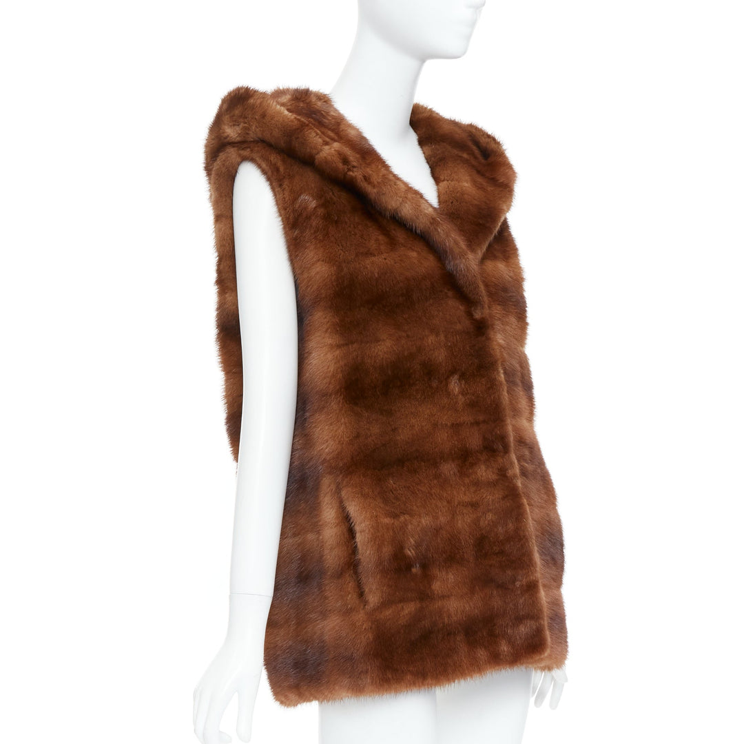 LUCIA PIERI brown real fur hooded patchwork tiered sleeveless vest