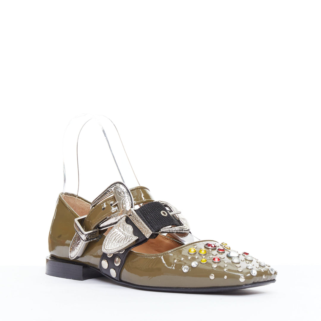 TOGA PULLA khaki green patent leather crystal embellished maryjane flat EU39