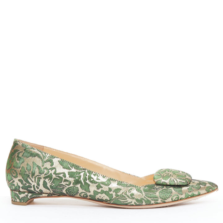 RUPERT SANDERSON Aga green gold brocade embellished pointy flats EU38