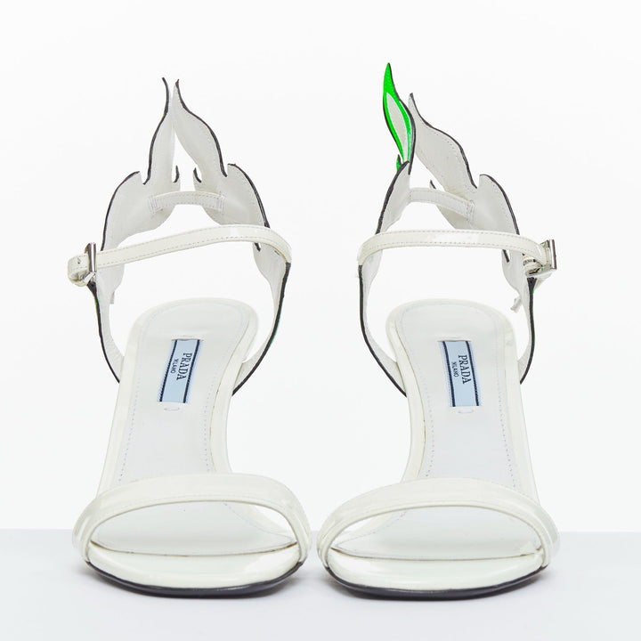 PRADA 2018 Hot Flame Acid Fire white green patent leather mid heel sandal EU37