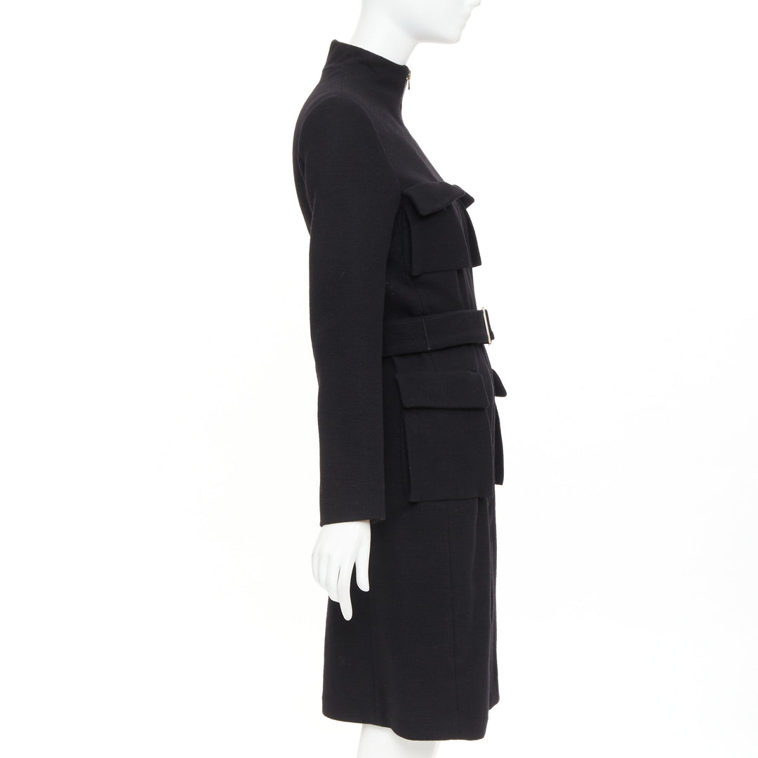 LANVIN 2003 black wool cargo pocket belted high neck zip front long coat FR36 S