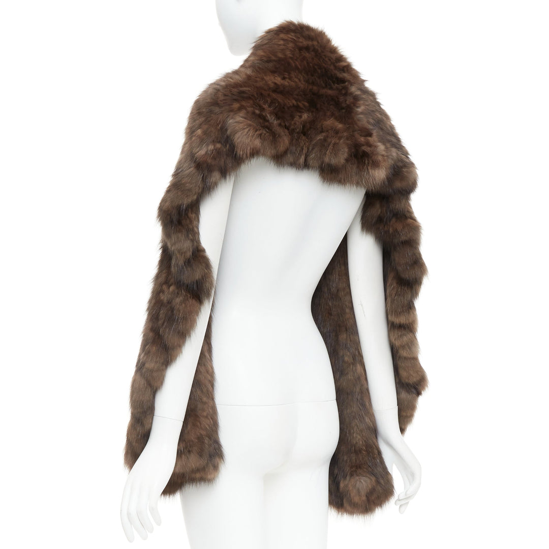 Brown genuine fur patchwork large shawl stole scarf