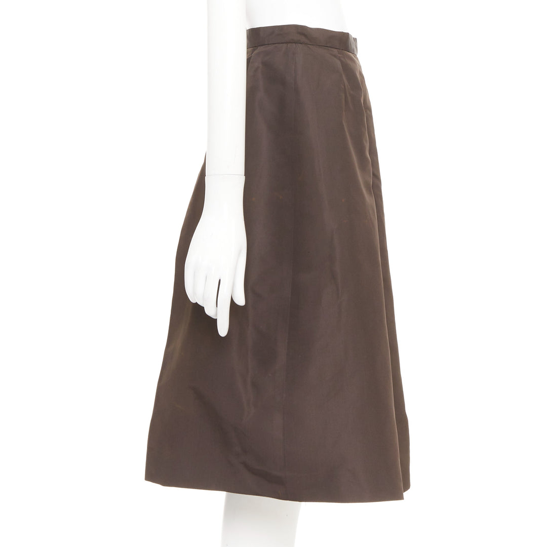 PRADA Vintage brown silk nylon grosgrain pleat flared a line midi skirt IT42 M