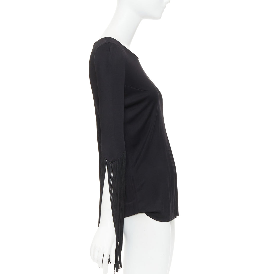 GALVAN 2018 Vesper black viscose fringe roped half sleeve bateau neck top FR40 S