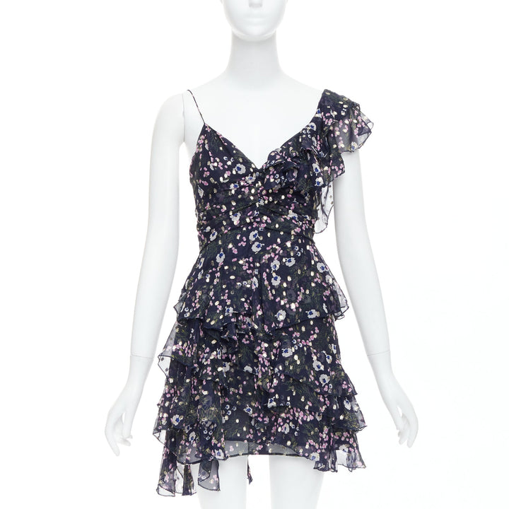 ISABEL MARANT Manda navy silk metallic floral asymmetric ruffle dress FR34 XS