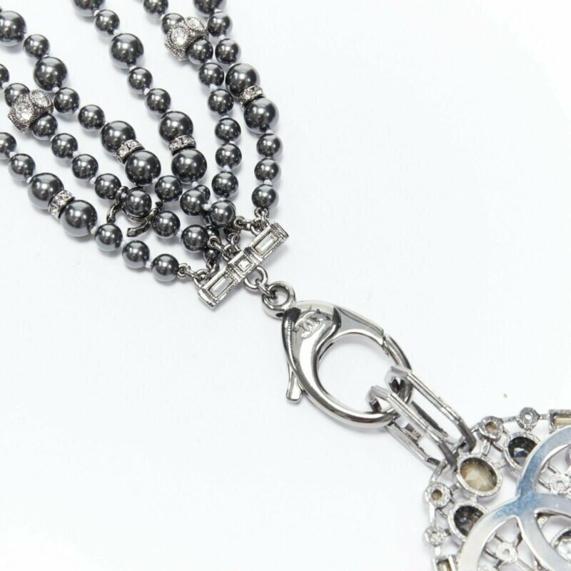 CHANEL black triple strand pearl strass crystal clasp CC pendent necklace