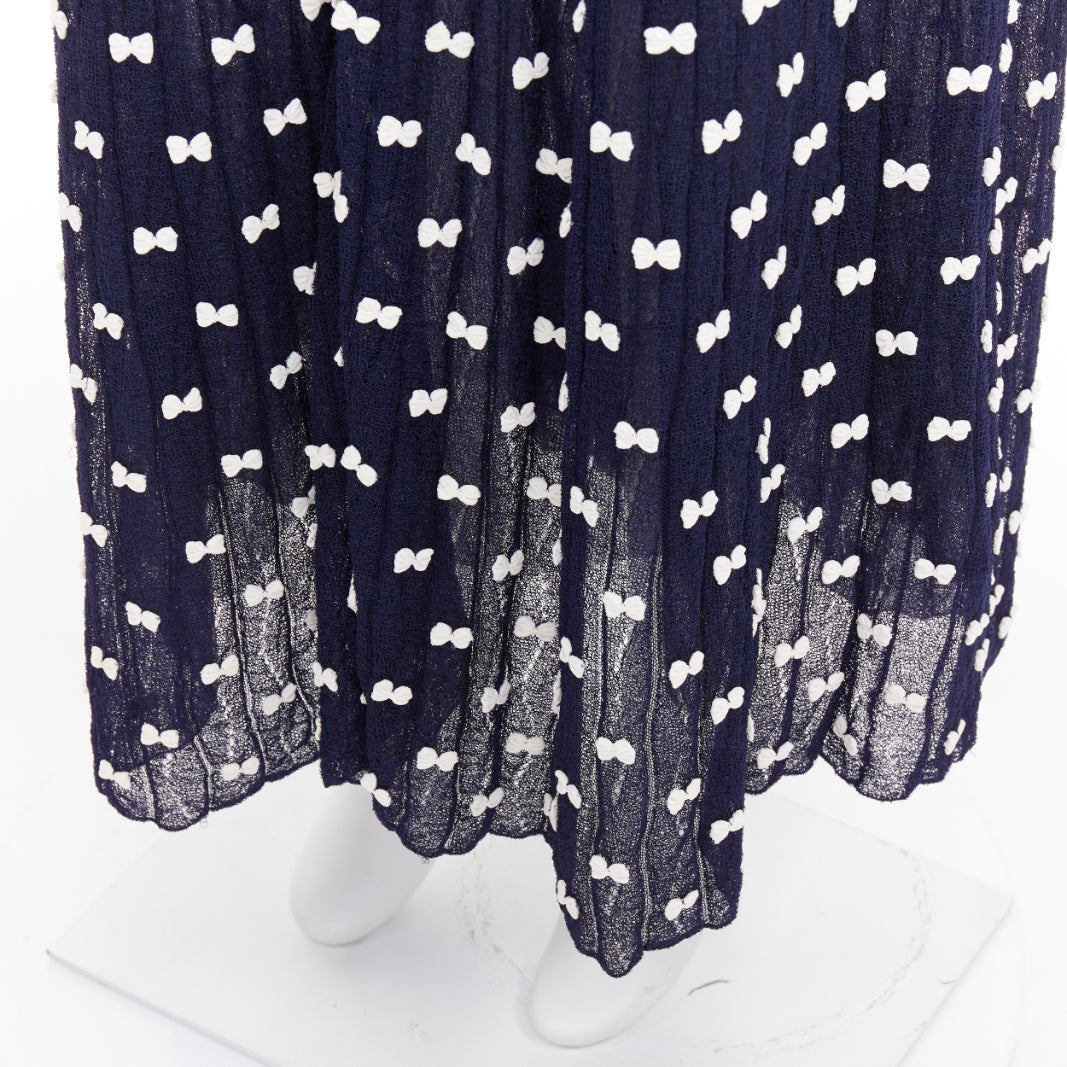 CHANEL 14P Runway navy cream bow applique ribbed waist tulle lined skirt FR36 S