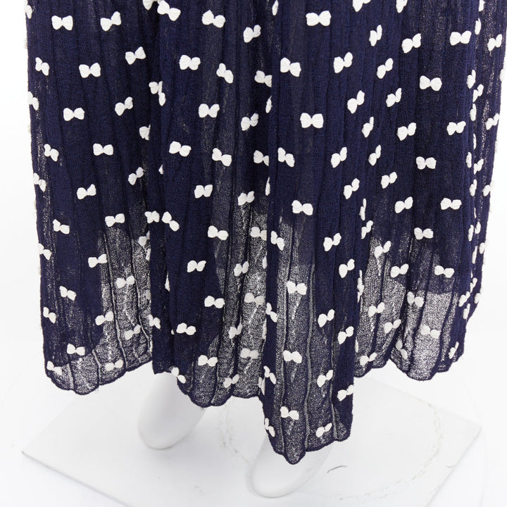 CHANEL 14P Runway navy cream bow applique ribbed waist tulle lined skirt FR36 S