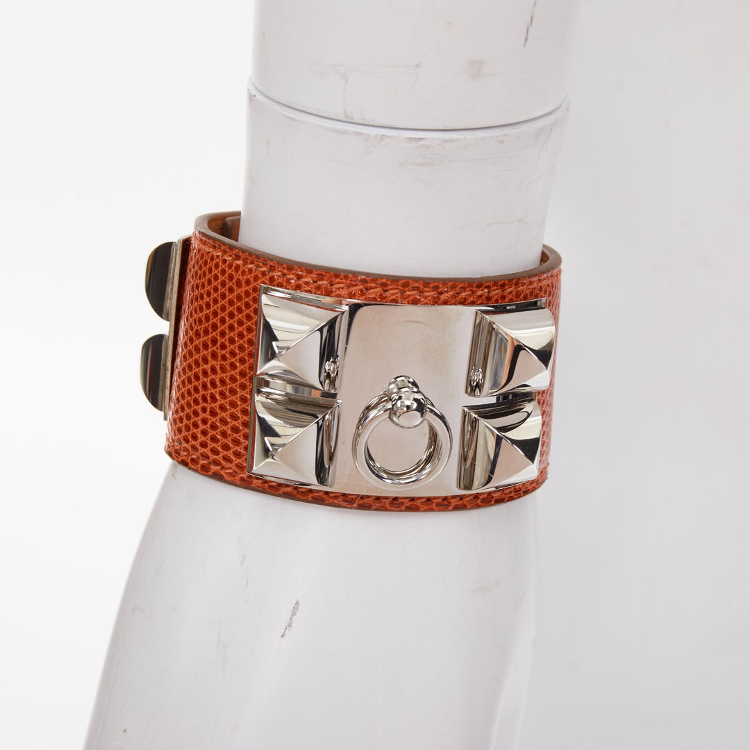 HERMES Collier de Chien tan brown salvage lizard silver medor cuff bracelet