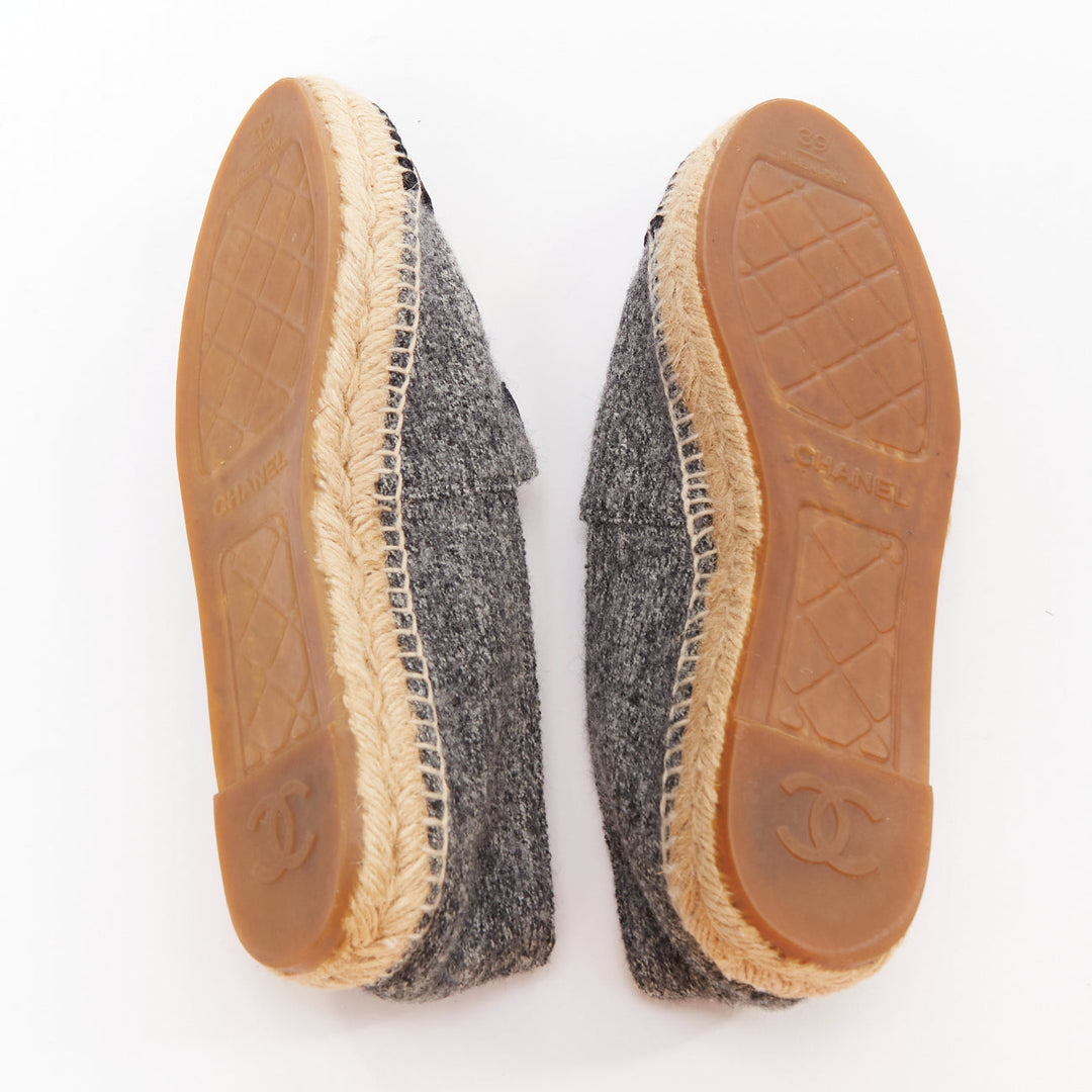 CHANEL 2021 grey wool felt black CC velvet applique espadrille flats EU39