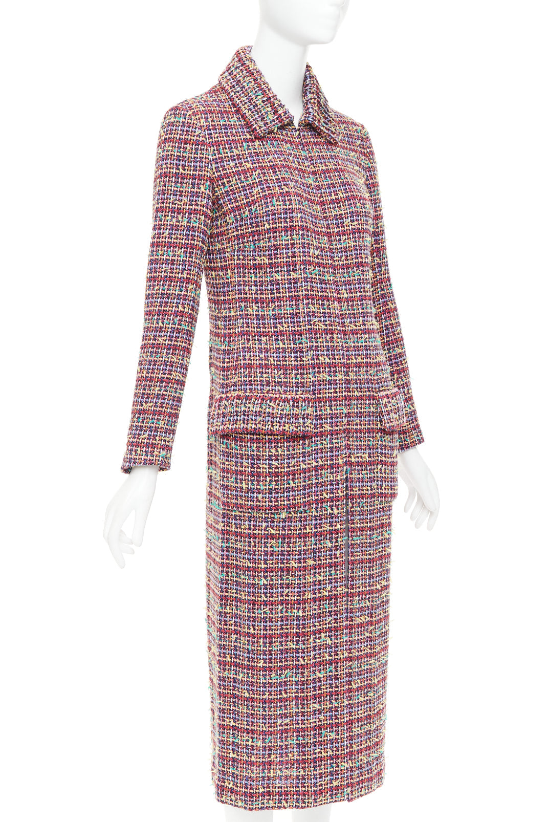 CHANEL 23A Runway multicolor wool blend tweed flap pockets long coat FR36 S