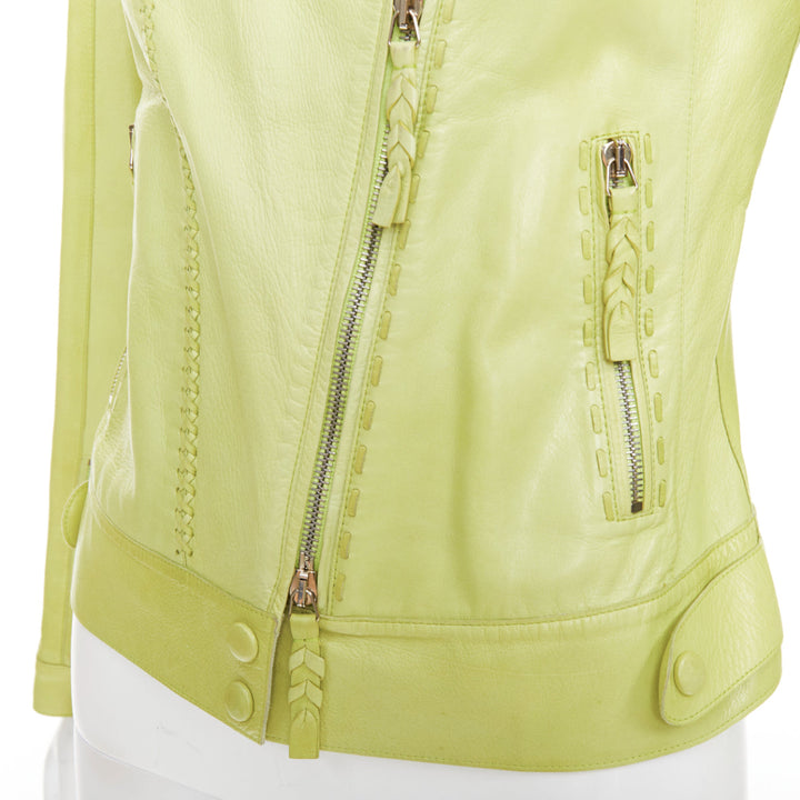 ROBERTO CAVALLI lime green leather moto power shoulder biker jacket IT38 XS