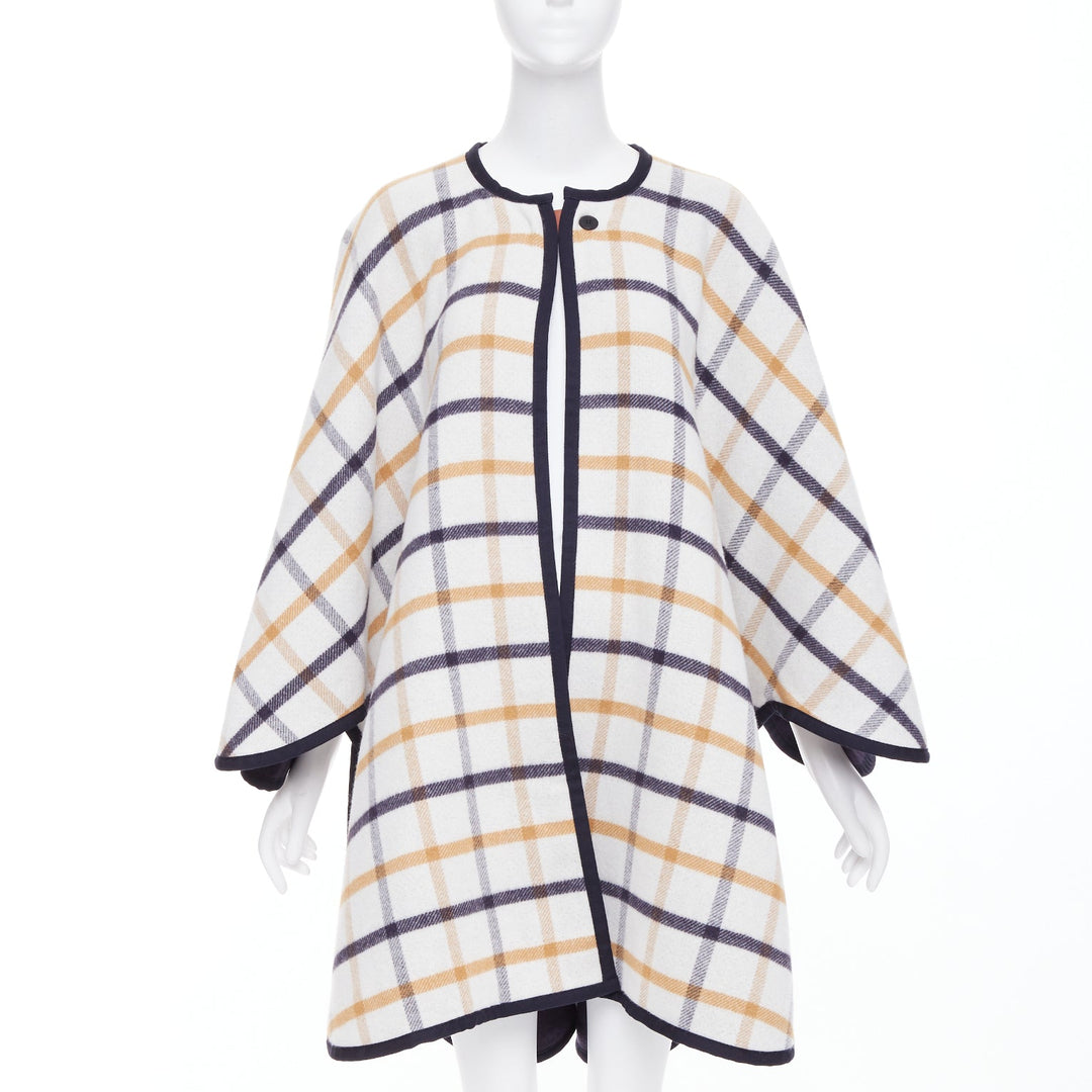 HERMES 2025 Camail Reversible navy cream checked cashmere crew cape poncho