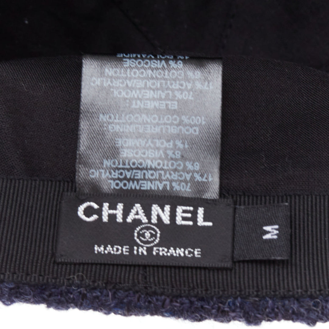 CHANEL navy wool tweed CC logo badge baseball cap M