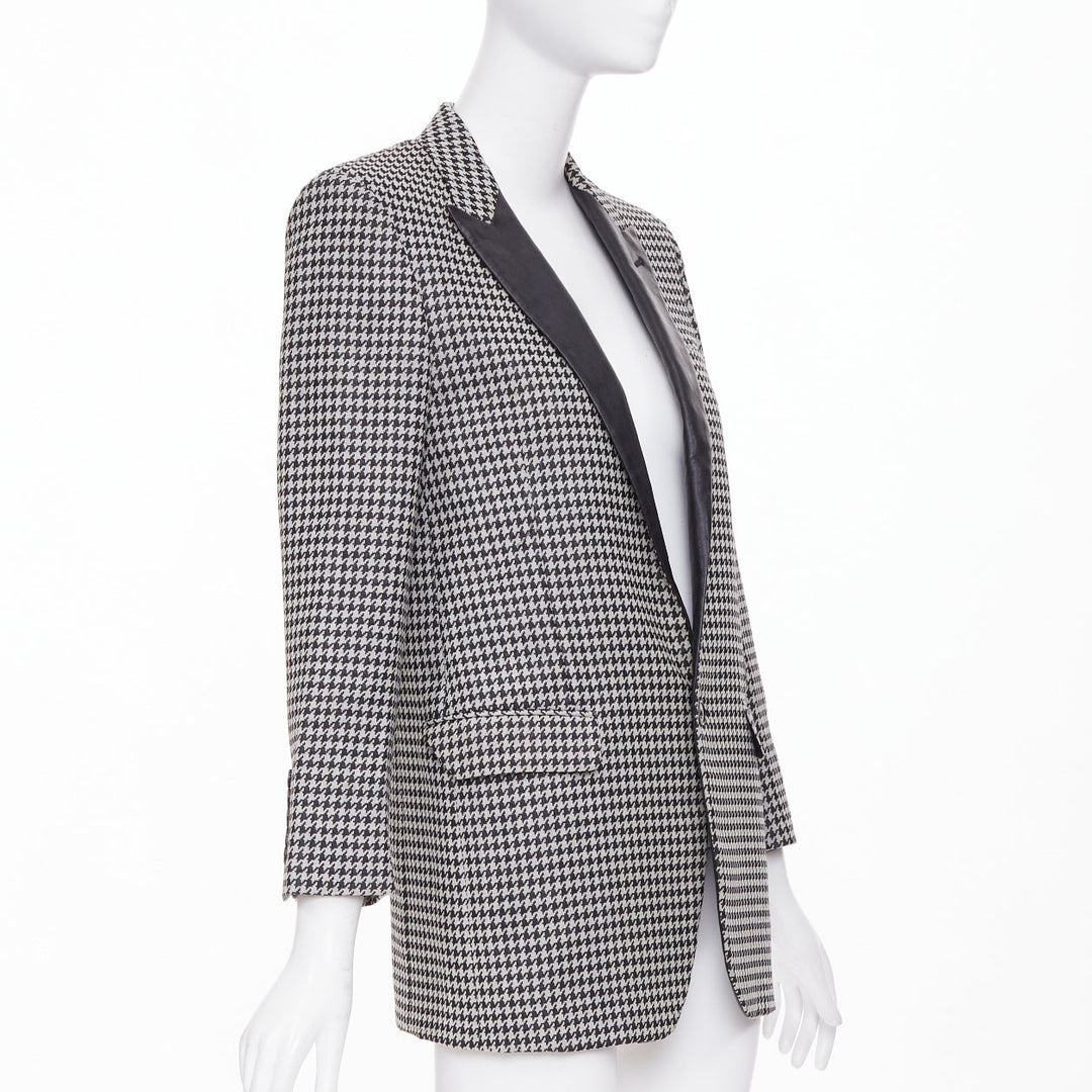 SAINT LAURENT 2013 leather peak lapel grey black houndstooth blazer FR34 XS