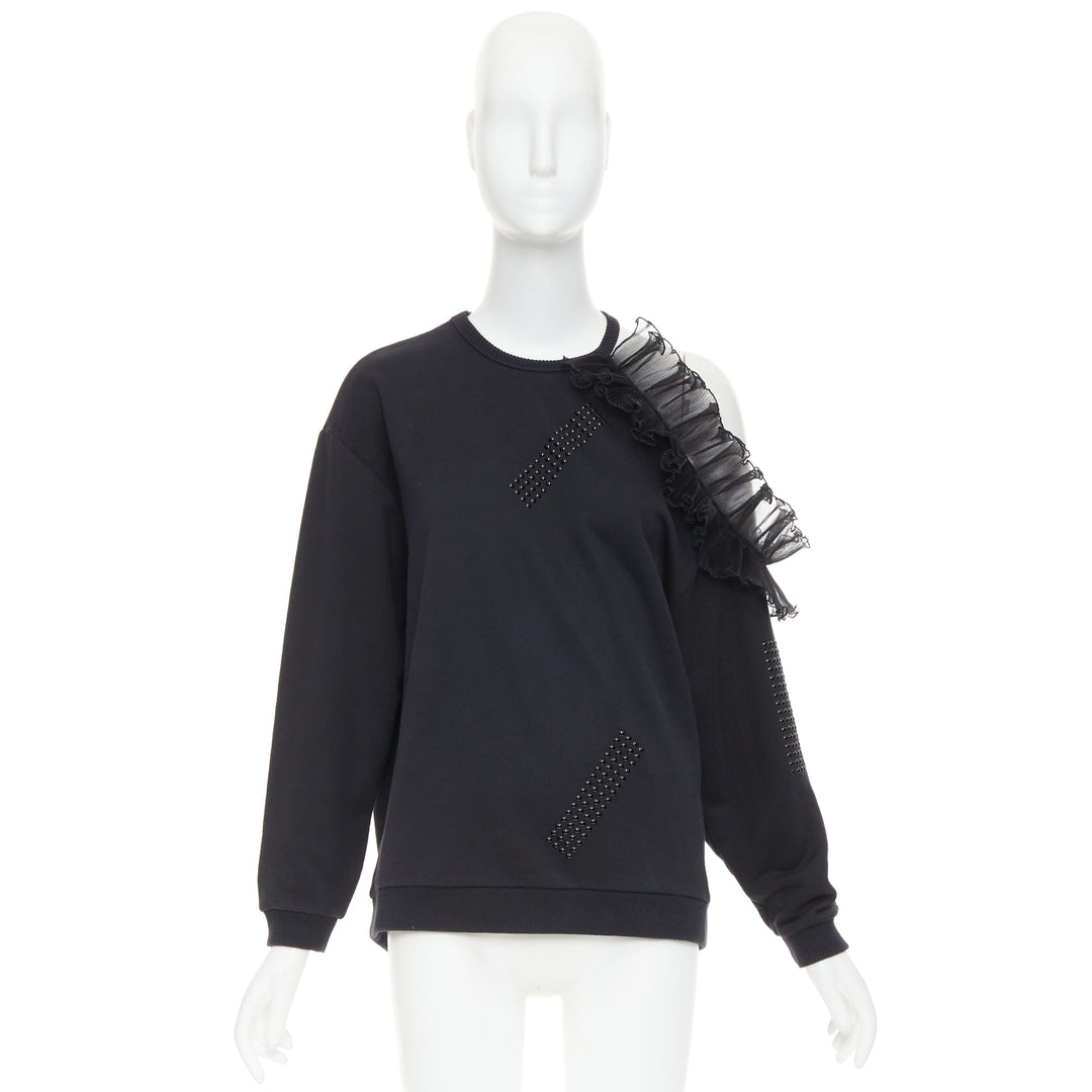 CHRISTOPHER KANE black cotton ruffle frill cut out shoulder studded sweatshirt S