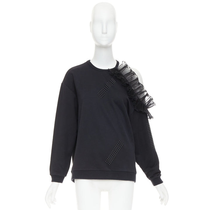 CHRISTOPHER KANE black cotton ruffle frill cut out shoulder studded sweatshirt S