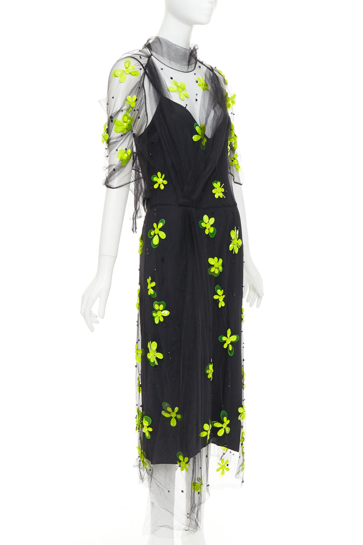 PRADA 2018 Runway neon yellow floral bead black gathered tulle dress IT40 S