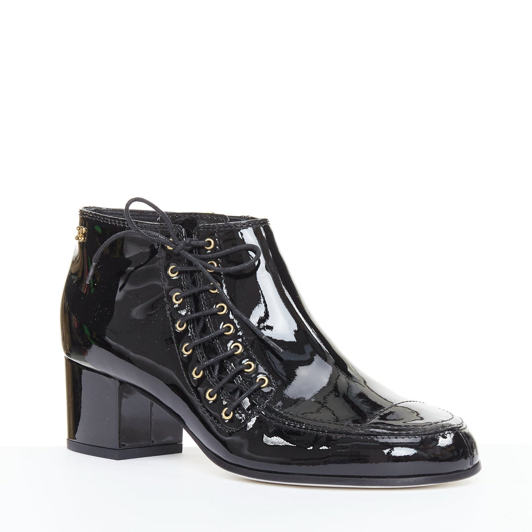 CHANEL 15A Paris-Salzburg Runway black patent gold CC lace-up ankle booties EU39