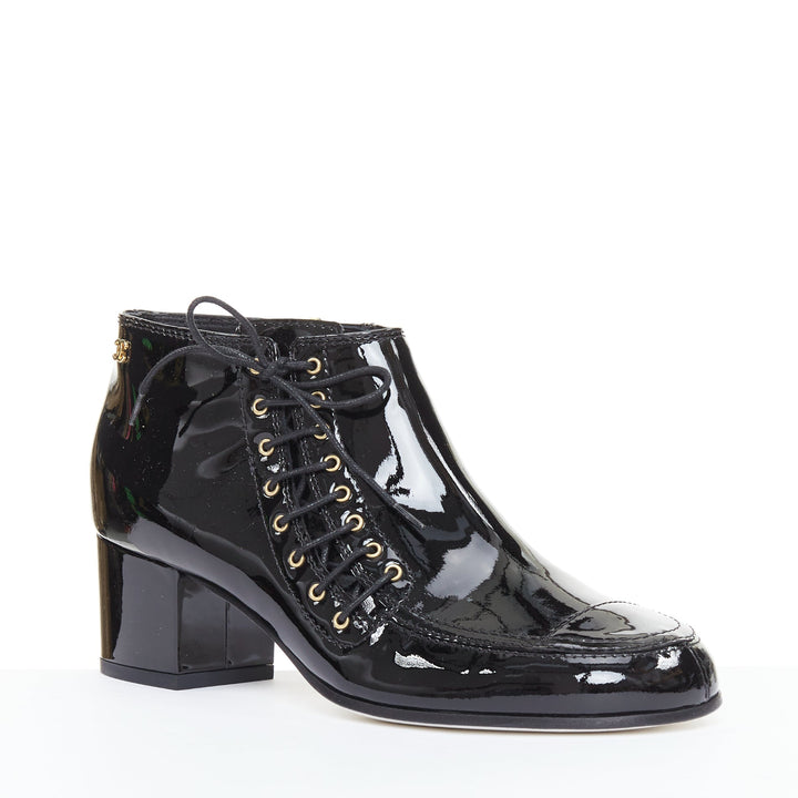 CHANEL 15A Paris-Salzburg Runway black patent gold CC lace-up ankle booties EU39